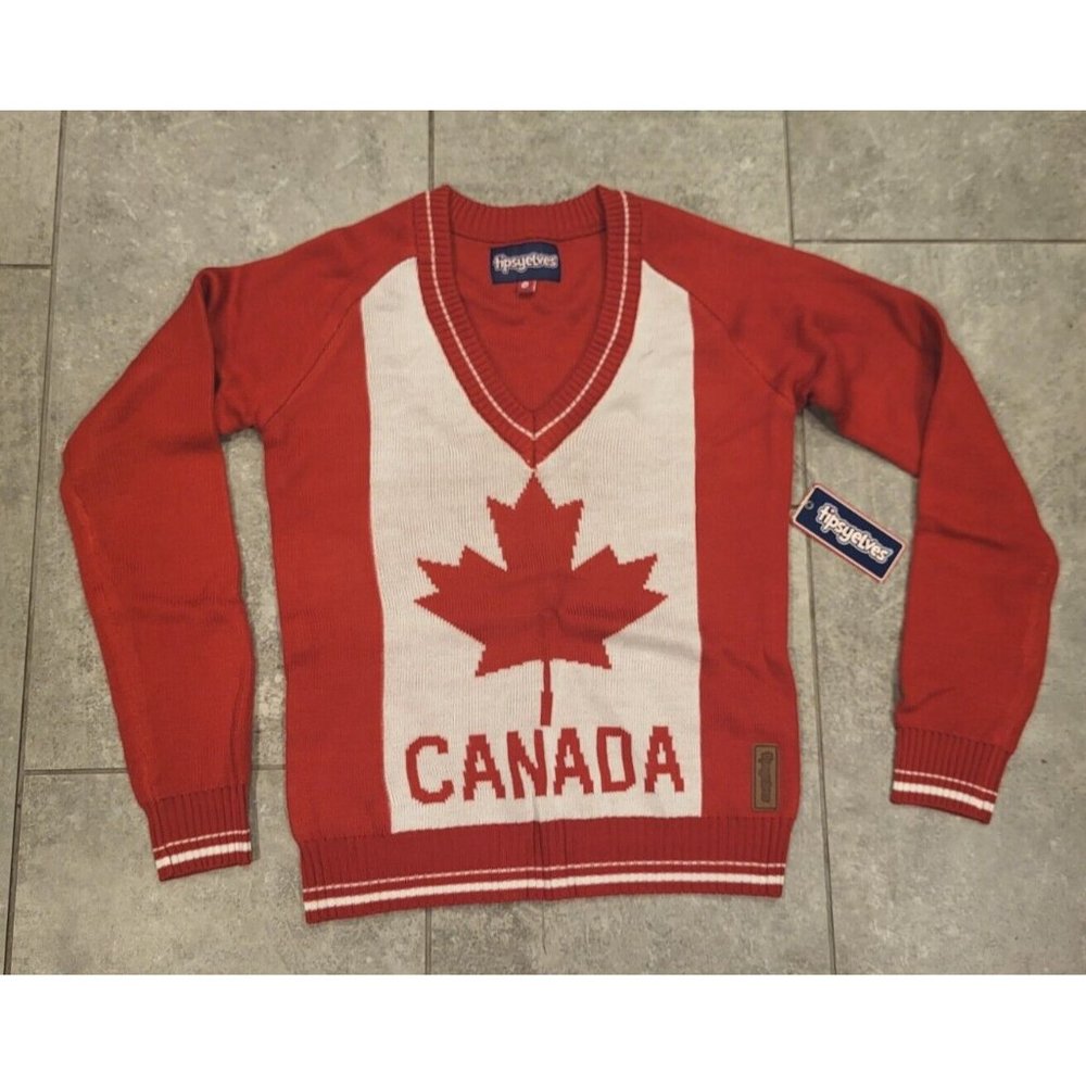 New Tipsy Elves Canada Maple Leaf V Neck Sweater Red White Sz XS